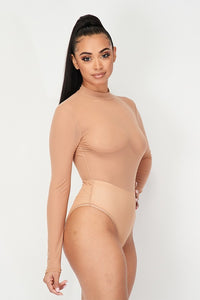 Long Sleeve Sheer Mock Neck Body Suit - Nude - SohoGirl.com