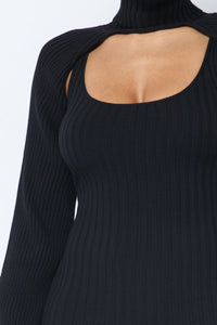 Scoop Neck Mini Dress Set W/ Turtle Neck Shrug - Black - SohoGirl.com