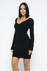 Open Front Deep V-Neck Long Sleeve Mini Dress - Black - SohoGirl.com
