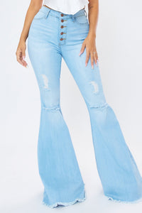 Vibrant Five-Button High Waisted Distressed Bell Bottom Jeans - Light Denim - SohoGirl.com