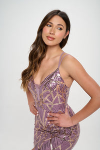 RICARICA SLEEVELESS V-NECK SEQUIN WITH MESH INSET AT BUST-LAVENDER/GOLD - SohoGirl.com