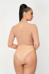 Long Sleeve Sheer Mock Neck Body Suit - Nude - SohoGirl.com