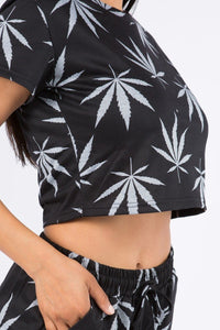 2 Pc. Weed Print Short Sleeve Crop Top W/ Shorts - Black & Grey - SohoGirl.com