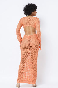 Crochet V-Neck Long Sleeve Maxi Dress - Orange - SohoGirl.com