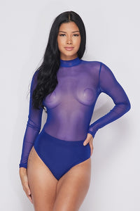 Long Sleeve Sheer Mock Neck Body Suit - Royal Blue - SohoGirl.com