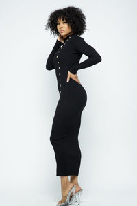 Double Button Down Long Sleeve Maxi Dress - Black - SohoGirl.com