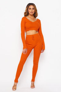 Knit V-Neck Crop Top W/ Matching Knit Leggings - Rust Orange - SohoGirl.com