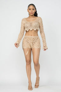 Long Sleeve Crotchet Crop Top 2 Pc. Set W/ Matching Crochet Shorts - Nude - SohoGirl.com