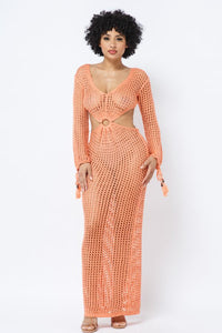 Crochet V-Neck Long Sleeve Maxi Dress - Orange - SohoGirl.com