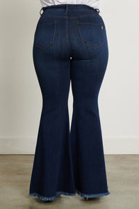 Vibrant High Waisted Plus Size Frayed Bell Bottom Jeans - Dark Denim - SohoGirl.com