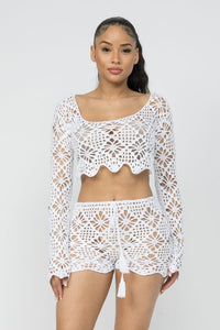 Long Sleeve Crotchet Crop Top 2 Pc. Set W/ Matching Crochet Shorts - White - SohoGirl.com