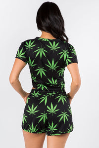 2 Pc. Weed Print Short Sleeve Crop Top W/ Shorts - Black & Green - SohoGirl.com