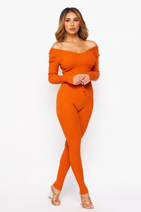Knit V-Neck Crop Top W/ Matching Knit Leggings - Rust Orange - SohoGirl.com