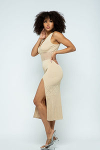 Open Front Sleeveless Maxi Dress W/ Slit - Nude - SohoGirl.com