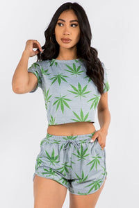 2 Pc. Weed Print Short Sleeve Crop Top W/ Shorts - Grey & Green - SohoGirl.com
