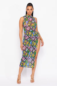 Sleeveless Mock Neck Sheer Midi Dress W/ Side Opening - Snake Multicolor - SohoGirl.com