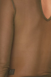 Long Sleeve Sheer Mock Neck Body Suit - Olive - SohoGirl.com