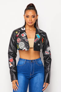 Cropped Faux Leather Jacket W/ Front Patches - Black - SohoGirl.com