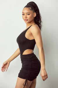 Scoop Neck Bodysuit W/ Ruched Mini Skirt - Black - SohoGirl.com