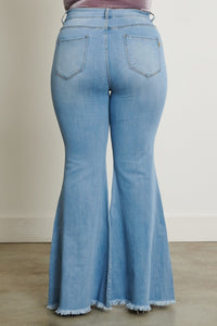 Vibrant High Waisted Plus Size Frayed Bell Bottom Jeans - Light Denim - SohoGirl.com