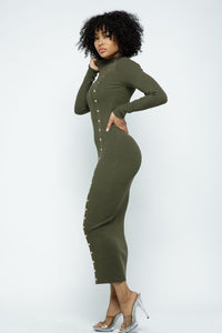Double Button Down Long Sleeve Maxi Dress - Olive - SohoGirl.com