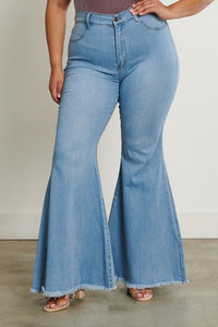 Vibrant High Waisted Plus Size Frayed Bell Bottom Jeans - Light Denim - SohoGirl.com