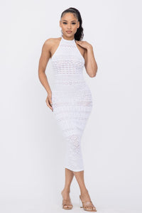 Halter Neck Crochet Print Midi Dress - White - SohoGirl.com