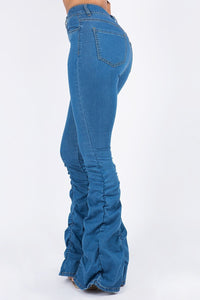 High Waisted Shirred Bottom Jeans - Blue - SohoGirl.com