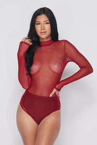 Long Sleeve Sheer Mock Neck Body Suit - Red - SohoGirl.com