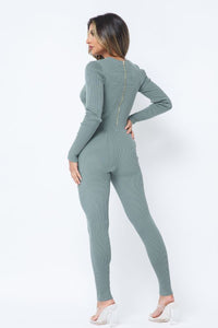 Deep V-Neck Long Sleeve Jumpsuit - New Sage - SohoGirl.com