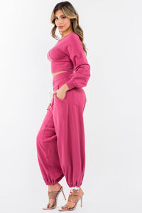 Baggy Sweatpants Set W/ Matching Long Sleeve Top - Pink - SohoGirl.com