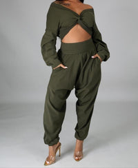 Crop Top Harem Pants 2 Piece Set - Olive - SohoGirl.com