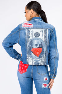 Graphic Back W/ Bandana Patchwork Distressed Medium Denim Jacket - SohoGirl.com