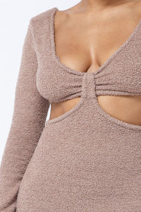 Long Sleeve Scoop Neck Teddy Mini Dress - Mocha - SohoGirl.com