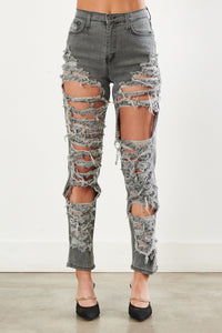 Vibrant High Waisted Super Distressed Ripped Straight Jeans - Grey - SohoGirl.com