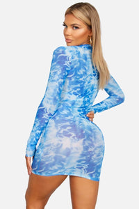 Mesh Mock Neck Long Sleeve Abstract Print Mini Dress - Blue - SohoGirl.com
