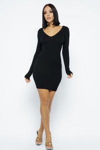 Open Front Deep V-Neck Long Sleeve Mini Dress - Black - SohoGirl.com