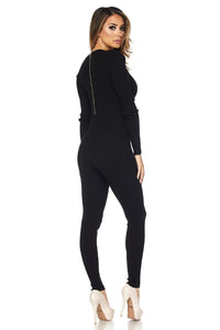 Deep V-Neck Long Sleeve Jumpsuit - Black - SohoGirl.com