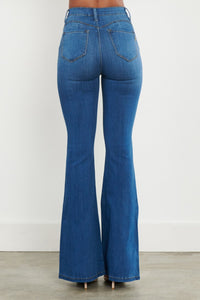 Vibrant Super High Waisted Curvy Flare Jeans - Medium Denim - SohoGirl.com