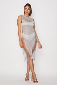 Lurex Knitted Sheer Sleeveless Dress W/ Side Slits - Silver - SohoGirl.com