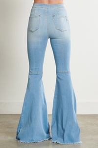 High Waist Distressed Flare Jeans - Light Denim - SohoGirl.com