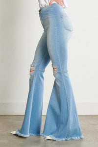 High Waist Distressed Flare Jeans - Light Denim - SohoGirl.com