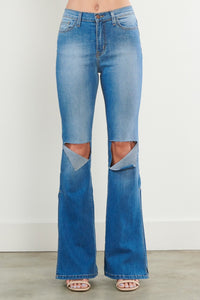 High Waist Knee Cut Flare Jeans With Slit- Medium Denim - SohoGirl.com