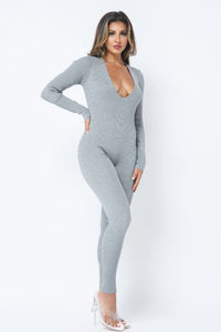 Deep V-Neck Long Sleeve Jumpsuit - Heather Grey - SohoGirl.com