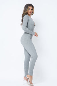 Deep V-Neck Long Sleeve Jumpsuit - Heather Grey - SohoGirl.com