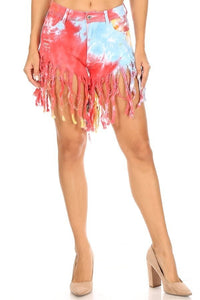 High Waisted Tie Dye Shorts W/ Fringes - Red Tie Dye - SohoGirl.com