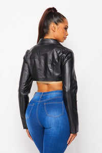 Cropped Faux Leather Jacket W/ Front Patches - Black - SohoGirl.com