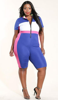Plus Size Short Sleeve Colorblock Capri Jumpsuit in Blue - SohoGirl.com