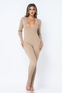Deep V-Neck Long Sleeve Jumpsuit - Tan - SohoGirl.com