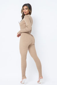 Deep V-Neck Long Sleeve Jumpsuit - Tan - SohoGirl.com